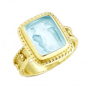 RZ 5573 14kt Green Gold Aqua Color Oedipus & Sphinx Venetian Glass Ring $2,250