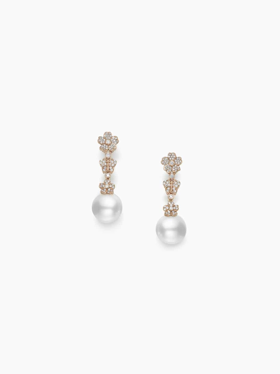 Mikimoto Akoya Cultured Pearl and Diamond Cherry Blossom Earrings in Pink Gold