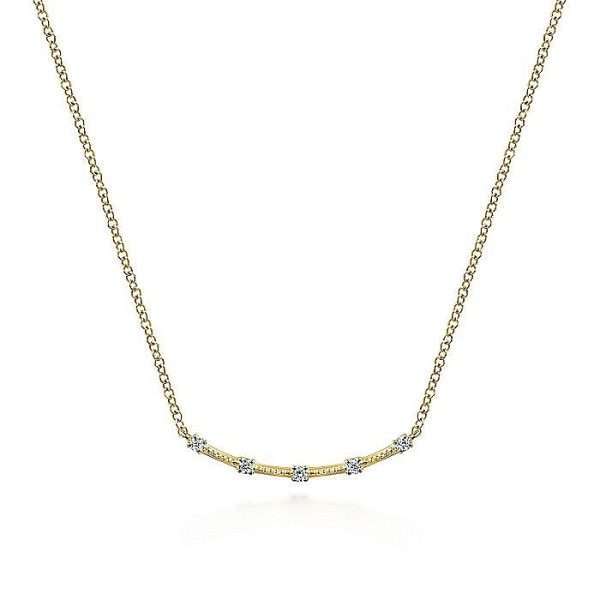 14K yellow gold curved bar diamond station pendant