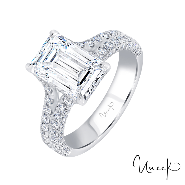 Split Shank Diamond Band Emerald Cut Engagement Ring