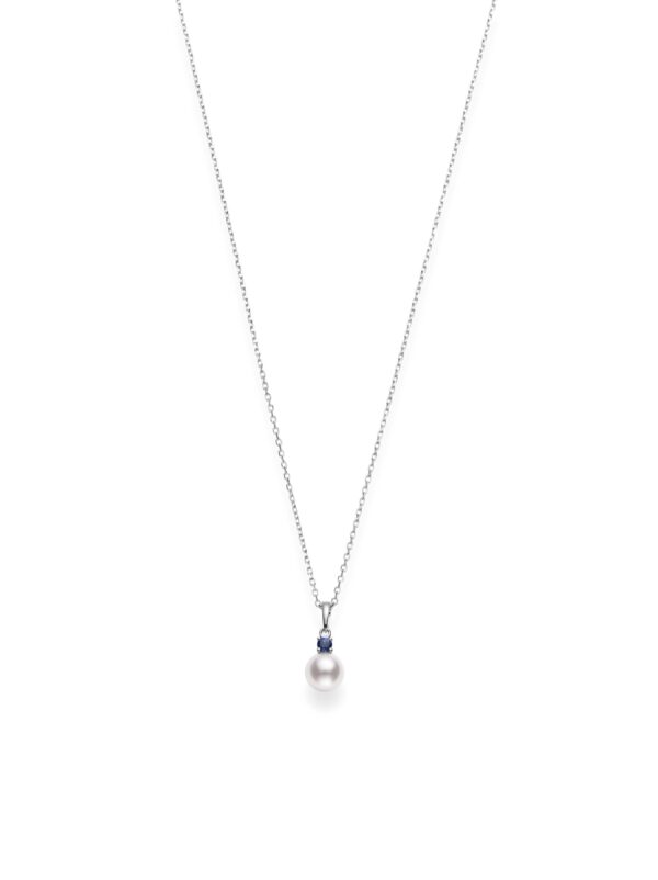 18K White Gold Mikimoto Pearl & Sapphire Pendant