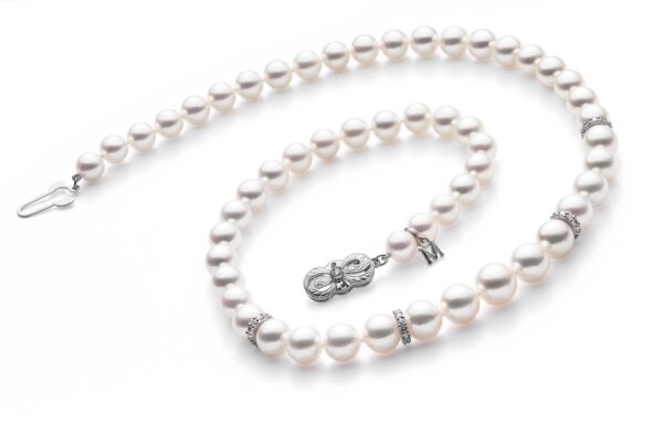 18" Akoya Cultured Pearl Graduated Strand Necklace with Diamond Rondelles – 18K White Gold Clasp