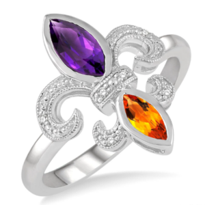 amethyst, citrine, diamond sterling silver fleur de lis ring