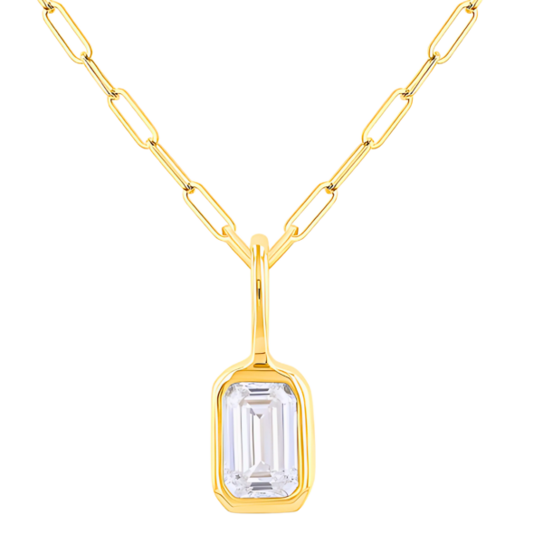 14ky Petite Emerald Cut Bezel Set Pendant on a Paperclip Chain-.20tdw