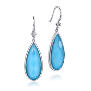 925 Sterling Silver Faceted Rock Crystal and Turquoise Bujukan Earrings in Pear Shape- Serial# S2034228