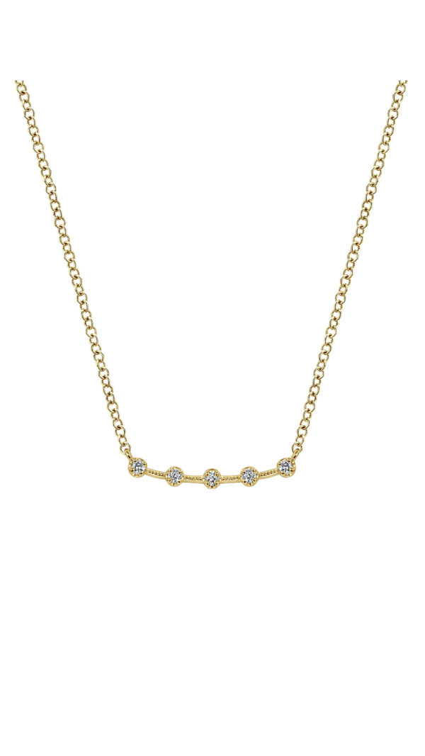 Curved 14 K Gold Bar Set with Station Diamond Necklace