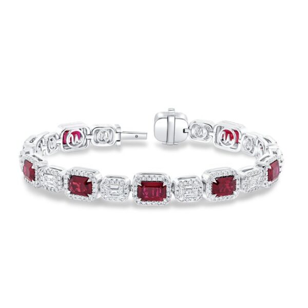 Halo Emerald Cut Ruby Tennis Bracelet