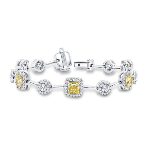 Halo Cushion Cut Fancy Light Yellow Diamond Link Bracelet