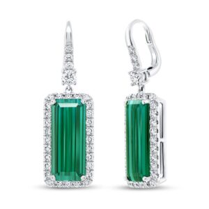 Halo Emerald Cut Green Tourmaline Dangle Earrings
