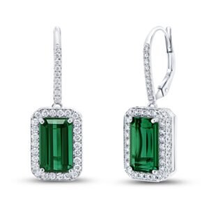 Halo Emerald Cut Indicolite Tourmaline Drop Earrings