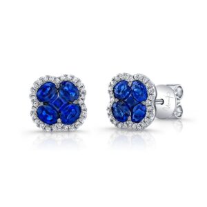 Floral Oval Shaped Blue Sapphire Stud Earrings