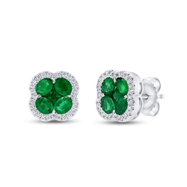 Floral Oval Shaped Emerald Stud Earrings