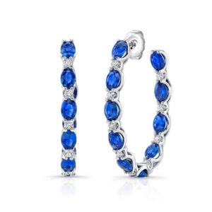 Oval Shaped Blue Sapphire Hoop Earrings
