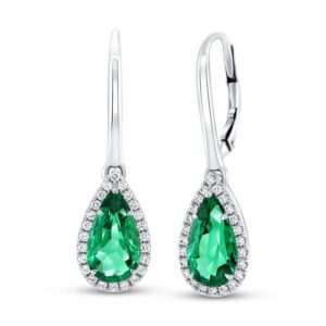 Halo Pear Shaped Emerald Dangle Earrings