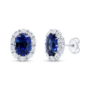 Halo Oval Shaped Blue Sapphire Stud Earrings