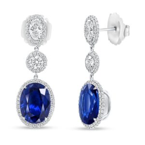 Halo Oval Shaped Blue Sapphire Dangle Earrings