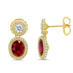 Halo Oval Shaped Ruby Dangle Earrings