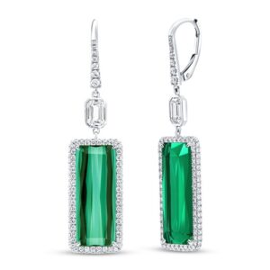 Halo Emerald Cut Green Tourmaline Dangle Earrings