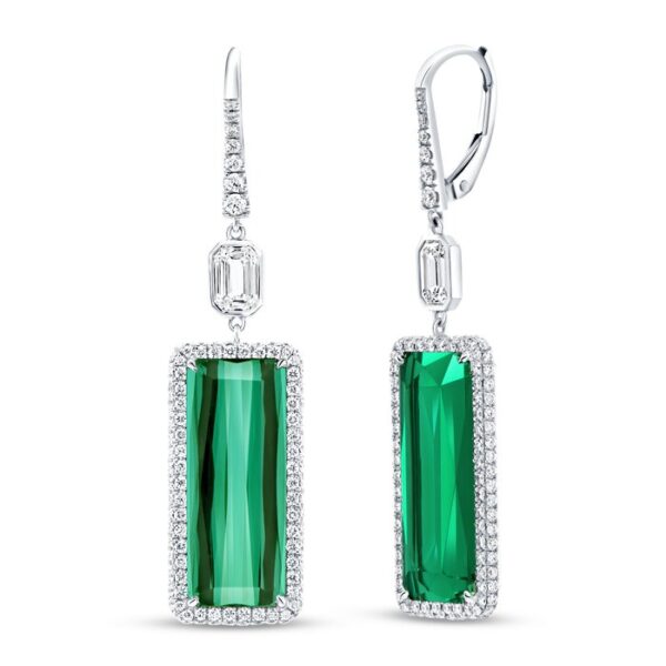 Halo Emerald Cut Green Tourmaline Dangle Earrings