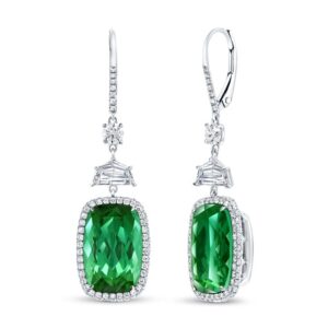 Halo Emerald Cut Green Tourmaline Dangle Earrings