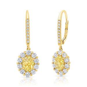 Halo Oval Shaped Yellow Diamond Dangle Earrings