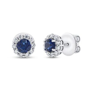 Halo Round Blue Sapphire Stud Earrings