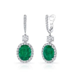 Halo Oval Shaped Emerald Dangle Earrings