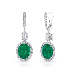 Halo Oval Shaped Emerald Dangle Earrings