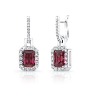 Halo Emerald Cut Rhodolite Dangle Earrings