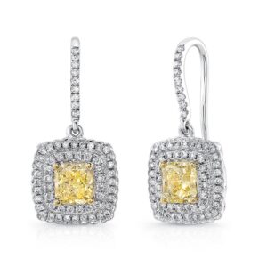 Double-Halo Cushion Cut Fancy Yellow Diamond Dangle Earrings