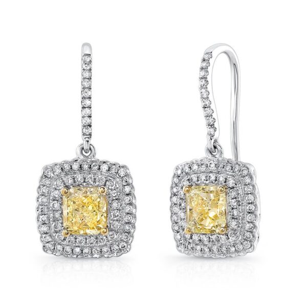 Double-Halo Cushion Cut Fancy Yellow Diamond Dangle Earrings