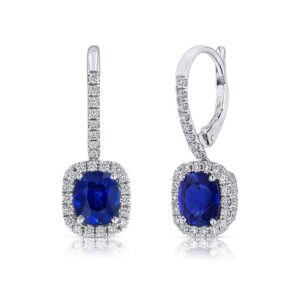 Halo Cushion Cut Blue Sapphire Dangle Earrings