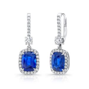 Halo Cushion Cut Blue Sapphire Dangle Earrings