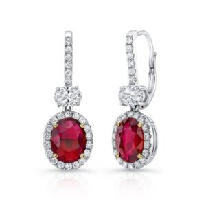 Halo Oval Shaped Ruby Dangle Earrings