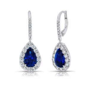 Halo Pear Shaped Blue Sapphire Dangle Earrings