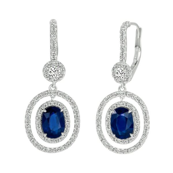 Halo Oval Shaped Blue Sapphire Dangle Earrings