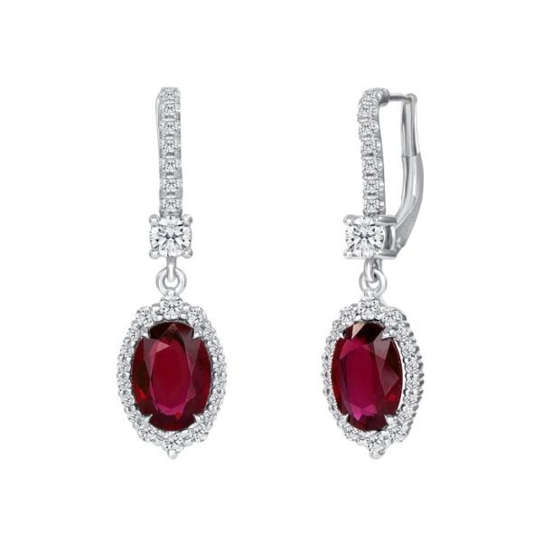 Halo Oval Shaped Ruby Dangle Earrings