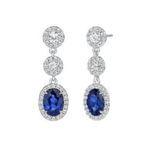 Halo Oval Shaped Blue Sapphire Dangle Earrings