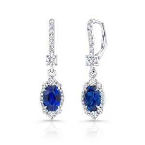 Halo Oval Shaped Blue Sapphire Dangle Earrings