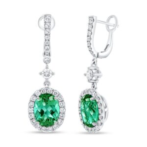 Halo Oval Shaped Green Tourmaline Dangle Earrings