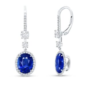 Halo Oval Shaped Blue Sapphire Dangle Earrings