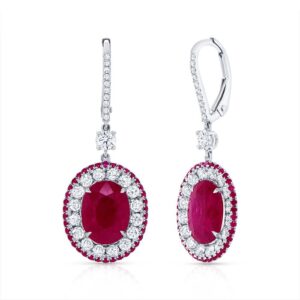 Halo Oval Shaped Ruby Dangle Earrings