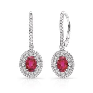 Double-Halo Oval Shaped Ruby Dangle Earrings