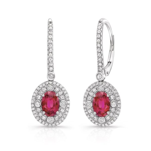 Double-Halo Oval Shaped Ruby Dangle Earrings