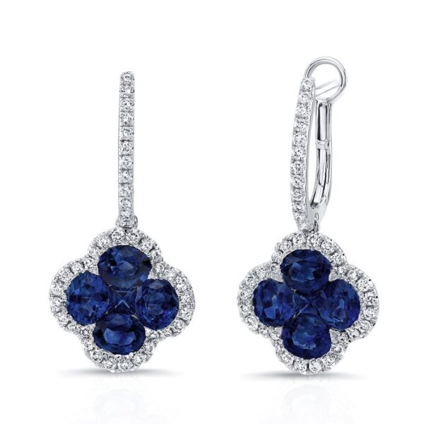 Floral Oval Shaped Blue Sapphire Dangle Earrings