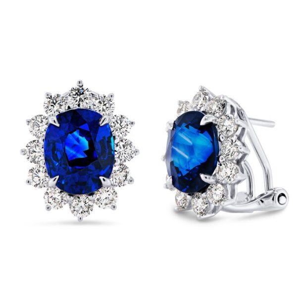 Halo Oval Shaped Blue Sapphire Stud Earrings