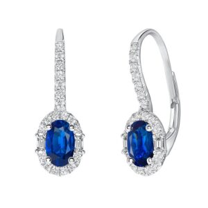 Halo Oval Shaped Blue Sapphire Drop Earrings