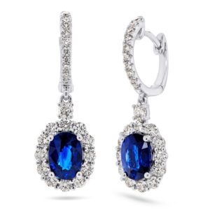 Halo Oval Shaped Blue Sapphire Dangle Earrings
