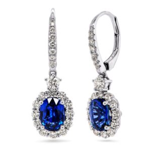 Halo Oval Shaped Blue Sapphire Dangle Earrings