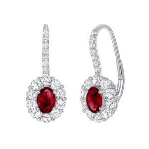 Halo Oval Shaped Ruby Drop Earrings
